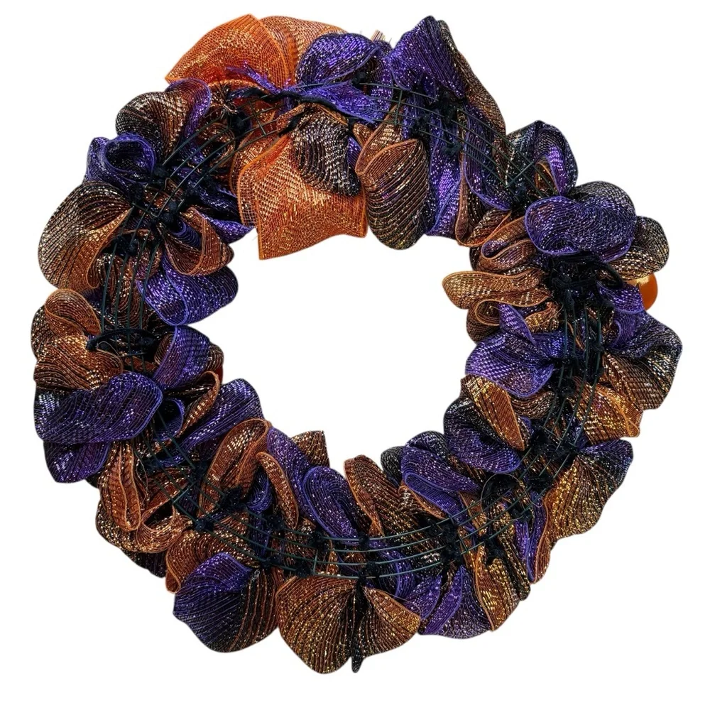 Ghost & Pumpkins Vibrant Purple & Orange Halloween Deco Mesh Wreath – 25″